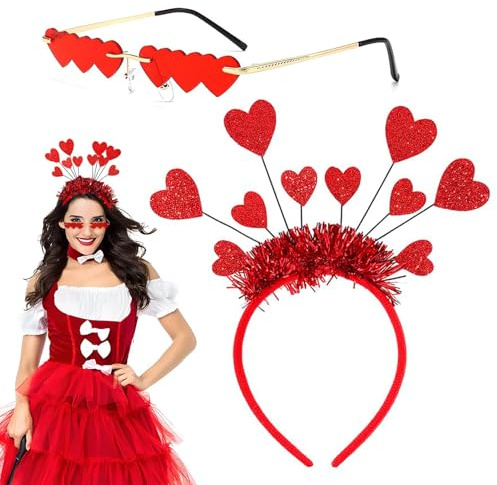 JIEBAO Herz Haarreif Rot, Herz Stirnband Glitzer Rot mit Herz Form Brille, Herzherzige Haarreifen, Herzchen Haarreif Rot Pailletten für Weihnachten Karneval Valentinstag Hochzeit Geburtstag Party