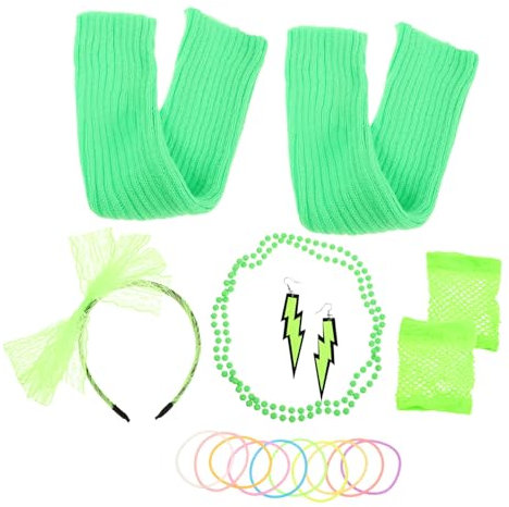 COLLBATH 80er Jahre Retro Kostüm Satz Mit Fluoreszierenden Leggings Und Netzhandschuhen Für Party Outfit Damen