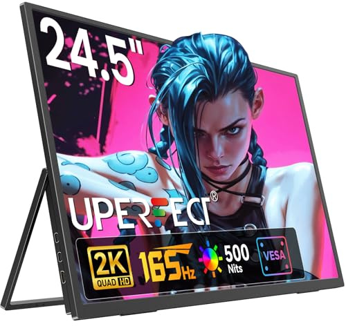 UPERFECT 24.5” 2K 165HZ Portable Monitor 2560 * 1440 QHD FreeSync IPS HDR Large Portable Gaming Screen HDMI USB C, 3 Narrow Edge External Matte Display w/VESA, for PC, Laptop, Phone, Switch