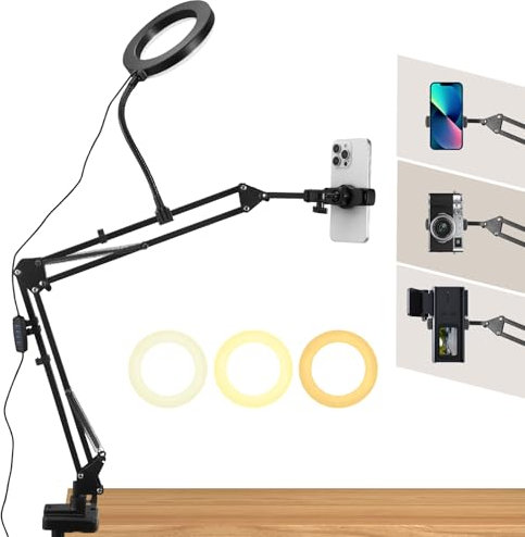 Overhead - Treppiede per cellulare con luce ad anello, flessibile da tavolo, con luce ad anello LED, 3 colori chiari + 10 luminosità, supporto per scrivania per YouTube starter live stream, cucina