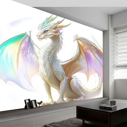 Papier Peint Intissé Fantastique Dragon Blanc Papier Peint Moderne Photo 350 x 256 cm Panoramique Murale Papier Peint pour Salon Chambre Chambre en enfant Décoration Blanc Décor À La Maison