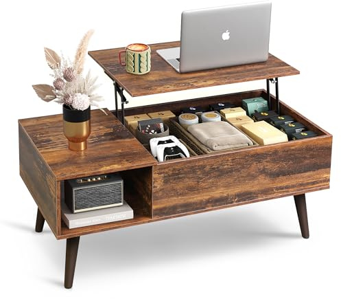 WLIVE Lift Top Coffee Table, 100cm Multifunctional Storage Table with Hidden Compartment, Convertible Dining & Workspace for Living Room, Rustic Brown