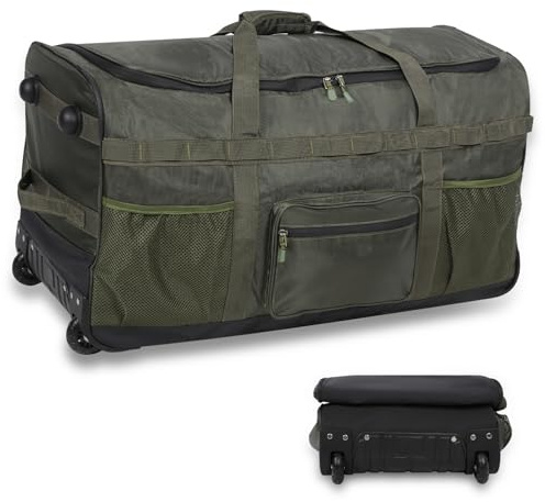 REDCAMP 100L Große Reisetasche mit Rollen Fronttasche, Faltbare 2-Rad Sporttasche, Wochenend Handgepäck für Camping, 77x40x35cm, Grün