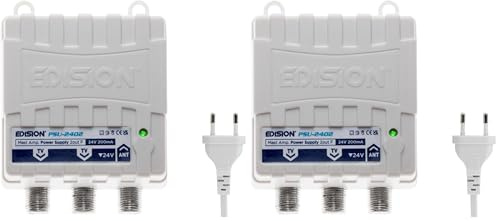 EDISION PSU-2402 Fuente de Alimentación para Amplificador de mástil Antenna TV, con Conector F, DC 24V 200mA, Frecuencias 5-862Mhz, 1 Entrada, 2 Salidas (Paquete de 2)