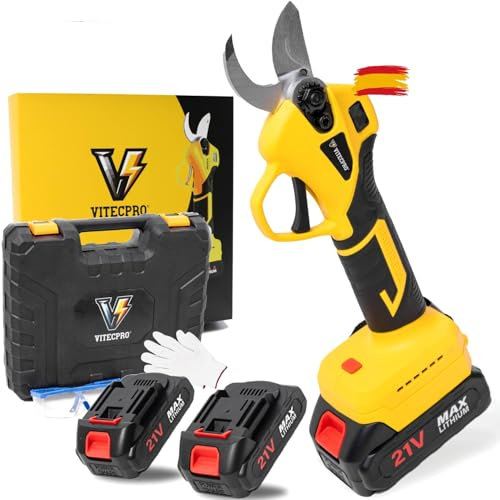 VitecPro® Forbice Da Potatura A Batteria – Forbici Elettriche Per Potatura, Cesoia Da Potatura A Batteria, Forbici A Batteria 4000mAh Con 2 Batterie, Potenza 800W, Taglio 40mm