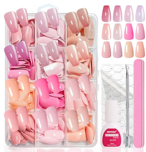 Falsche Nägel Tips Set - 288 Stück Bunte Fake Nails in Ballerina, Glänzende & Cat Eye Effekt Falsche Nägel zum Aufkleben - Press On Nails mit Nagelkleber für DIY Nageldesign Nail Art (Bunt Ballerina)