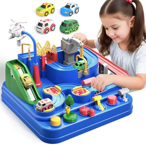 BLmukce Race Track Toys for 3 4 5 6 7 8 Year Old Boys & Girls,Fire & Rescue Adventure Car Set with Puzzle, STEM Educational Toddler Birthday Gift - Motor Skills & Montessori Learning (Blue)