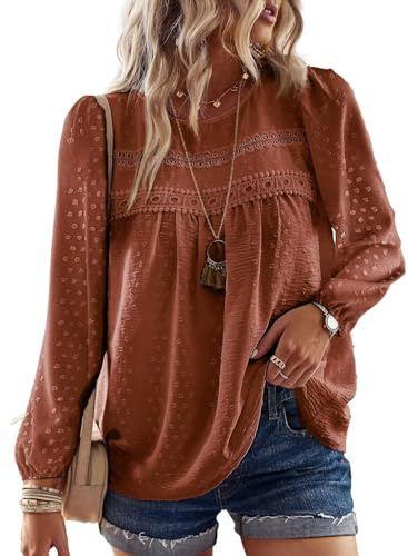 TUUHAW Orange Women Tops Crew Neck Long Sleeve Tunic Shirts Flowy Spring Shirts for Women Tassel Swiss Dot Trendy Dressy Blouses Loose Ladies Babydoll Oversized Bardot Clothes M