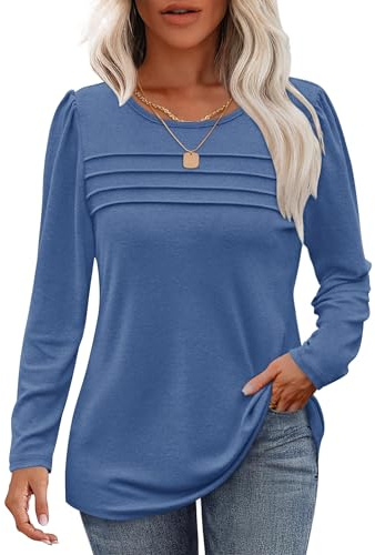 WNEEDU Sweatshirt dam långärmad tröja veckad rund hals dam tröja topp
