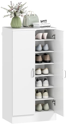 HOMCOM Zapatero de 2 puertas, zapatero con 6 estantes ajustables, con función de cierre suave, para 14 pares de zapatos, 55 x 35 x 108 cm, color blanco