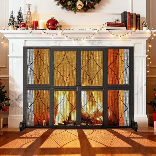 Terracove Fireplace Screen with Sliding Doors, 37.8 W x 30.7 H Modern Wrought Iron Spark Guard Cover for Christmas Decorative, Baby and Pet Proof, Large