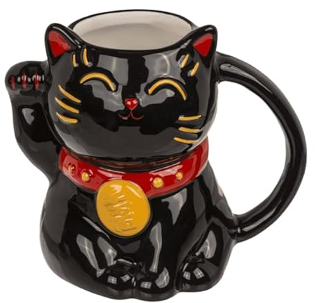 Lucky Cat Mug, Lucky Cat, Dolomite Ceramic, Black and White, 500 ml, 15 x 10.5 x 13.5 cm, Maneki Neko Design, in Gift Box (Black)