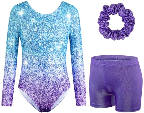 XiaoMoSha Girls Three-Piece Gymnastics Leotards Set Long Sleeve Leotards with Shorts and Hairband Sparkly Ballet Dance Unitards Gradient Color Gymnastics Outfits for Kids, Purple, 4-5 Years