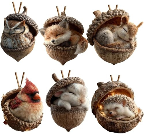 Forests Animal Acorn Ornaments | 6PCS Acorns Animals Hanging Christmas Ornaments | 2D Flat Acrylic Forests Pine Cones Animal Figures | Cute Pine Cone Animals Pendants Christmas Tree Decorations