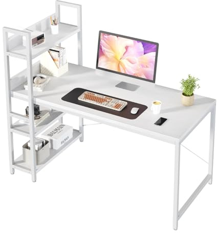 Sweetcrispy Schreibtisch mit Seitlichem Regal & Verstellbaren Füßen, 120 cm breiter Bürotisch, Starker Computertisch mit Ablagefläche, Einfacher Montage, Weiß