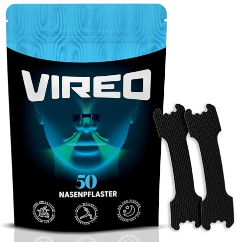 Vireo® Cerotti Nasali Neri 150 pezzi, Strisce Nasali, Cerotti Naso Forma Tradizionale, Alta Tenuta, Qualità Premium, Sonno e Uso Quotidiano (50 pezzi)
