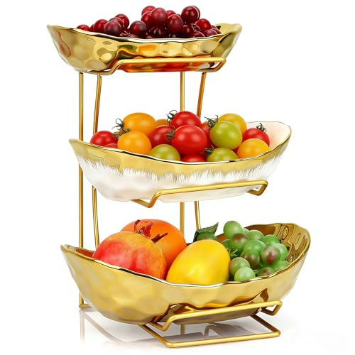 Fruit Bowl for Kitchen Counter, 3 Tier Gold Trim Ceramic Fruit Stand Basket for Countertop, Fruiti and Vegetable Rack with Thickened Metal Holder, Vegetable Dessert Nuts Storage (Mixed Gold Trim)