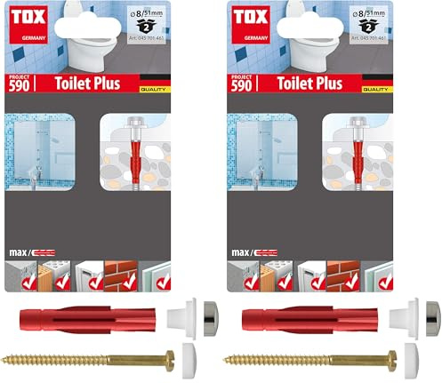 TOX Stand-WC-Befestigung Toilet Plus, mit Allzweckdübel Tri 8x51 + Messing-Sechskantschrauben 6x85, inklusive Abdeckkappen weiß + chrom, korrosionsfrei, je 2 Stück im Blister, 045701461