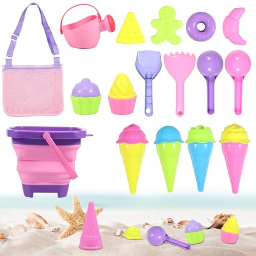 Kinder-Strand-Sandspielzeug-Set, klappbare Silikon-Sandeimer mit Netztasche, tragbares Reise-Strandspielzeug mit Schaufeln, Sandformen, Gießkanne, Sommereis, Strandspielzeug für Kinder ab 3 Jahren