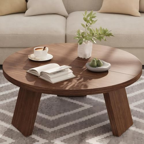 Garvee Moderner runder Couchtisch im Landhausstil aus Holz – Stabile Konstruktion mit 3 Beinen – Einfache Montage – 85 x 40 cm – 135 Walnuss-Finish Prägung | Stabile Konstruktion mit 3 Beinen, Couchtisch für kleine Räume, Wohnzimmer, Schlafzimmer, vintagebraun, 85 x 85 cm