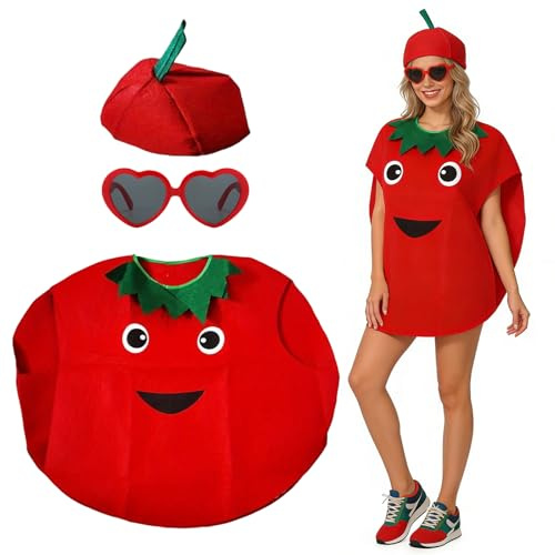 HTTDSLF Traje de Tomate para Adultos, Disfraz Divertido de Fruta Ligero y Cómodo, Disfraz para Adultos - Sombrero, Vestido y Gafas, para Halloween, Fiestas Temáticas, Cosplay y Eventos Divertidos