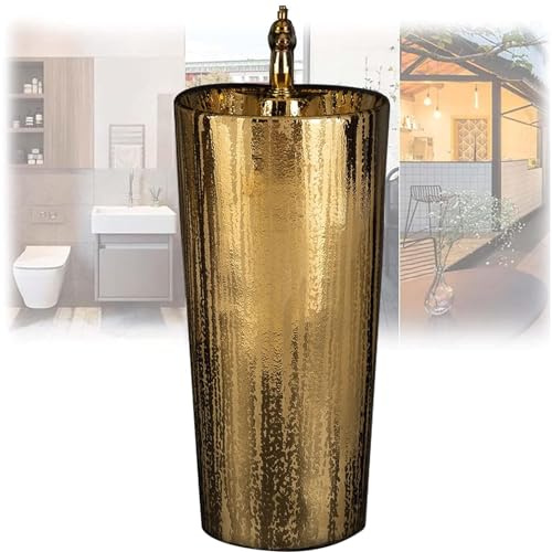 LQAIomn Pedestal Sink - 32 Tall Ceramic Art Wash Basin Modern Gold Bathroom Basin Sink, No Overflow, Pedestal Bathroom Sink Combo with Faucet and Pop-Up Drai(Without Mirror)
