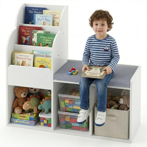 RELAX4LIFE Meuble de Rangement Enfant avec Banc de Lecture | Bibliothèque Enfant à 3 Niveaux et 6 Compartiments, Étagère à Livres avec Coussin Amovible pour Chambre, Salon et Crèche
