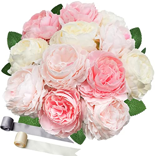 SNAIL GARDEN 12pcs Vintage Artificial Flowers Fake Peony Blossom Silk Flowers Bouquet for Bridal Wedding Home Party Festival Floral Arrangements Decoration(Deep Pink/Pink/White - Each 4pcs)