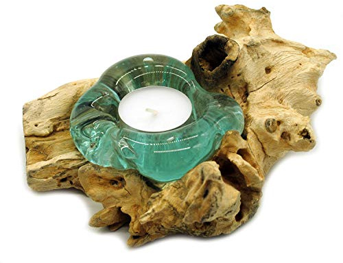 Natur Teelichthalter Glas und Holz, Wurzel mit Glas für EIN Teelicht, Holzwurzel aus Teakholz (Wurzel 16-20 cm)