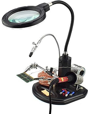 MMOBIEL Hochbelastbare Helping Hand Lupe Station 2.5X 4X LED-Licht Lupenstativ mit Klemme und Clips
