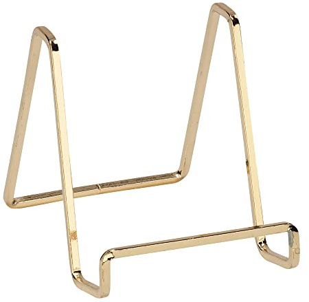 TRIPAR Square Metal Wire Stand, Brass Finish (4-Inch Depth) - Tabletop Easel Display - Handcrafted Edge Design For Sleek & Modern Look - Perfect for Books, Plates, Photos & More