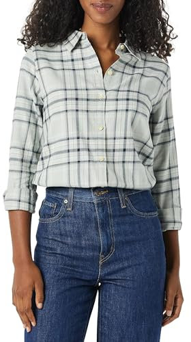 Amazon Essentials Women's Regular-Fit Long-Sleeve Lightweight Plaid Flannel Shirt, Black Grey Plaid, M