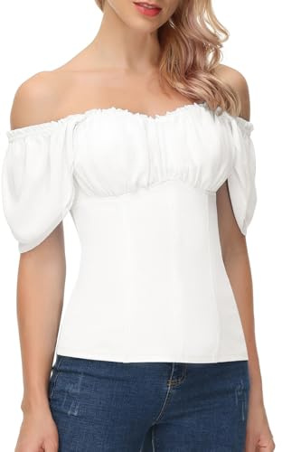 Summer Blouses for Women White Vintage Square Neck Victorian Flutter Sleeve Blouse Slim Fit Shirt White L