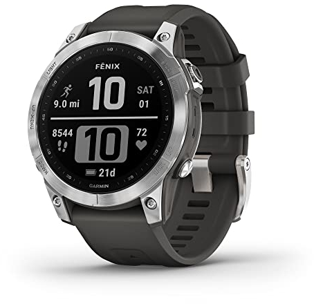 Garmin fenix 7, adventure smartwatch, rugged outdoor watch with GPS, touchscreen, health and wellness features, silver with graphite band - 010-02540-00