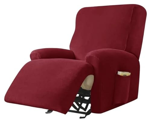 AQIGR Relaxsessel Bezug Stretch Samt Stretchhusse für Relaxsessel Sesselbezug 4-teiliges Set Elastischer Antirutsch Husse für Fernsehsessel Liege Sessel (Color : Burgundy)