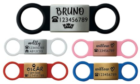 Slide On Dog Tag Silent Personalised Engraved Pet ID Tags UK Dangle-Free Identity Tag for Dog Cat Kitten Puppy Stainless Steel Elastic Silicone Collar Tag(-Silver-Black)