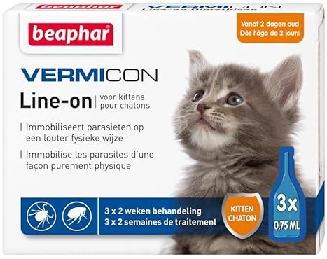 BEAPHAR - VERMICON Line-on Kitten - Vanaf 2 Dagen - Immobiliseert Vlooien en Teken OP Een Louter Fysieke Wijze - OP Basis Van Dimethicon - Preventieve Werking Van Max 2 Weken - 3 Pipetten Van 0,75ml