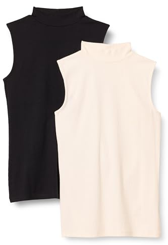 Amazon Essentials Top Senza Maniche in Maglia a Costine Slim Fit con Scollo a Lupetto Donna, Pacco da 2, Nero/Bianco Guscio D'uovo, XL