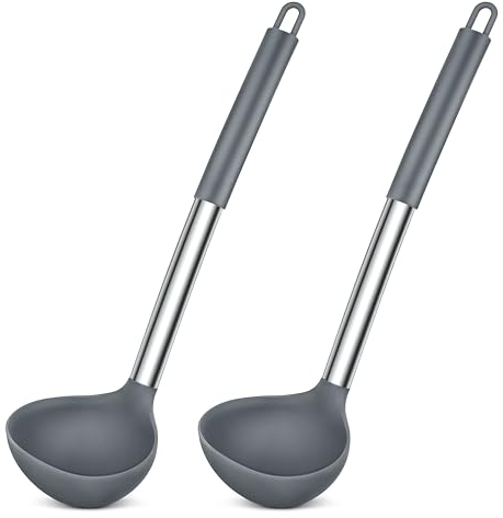 Herogo Schöpflöffel, 2 Stück Silikon Suppenkelle Set, 31 cm Schöpflöffel mit Edelstahl Griff, Groß Löffel für Suppen Servieren, Hitzebeständigkeit & Antihaft, Leicht zu reinigen, Grau