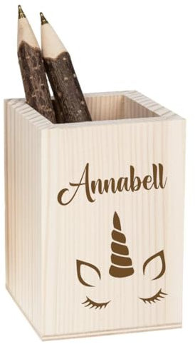 minimutz Stiftehalter Holz für Kinder - Personalisiert mit Name - Stiftebox Schreibtisch mit Tier - Gravierter Stiftebecher eckig mit Namen - 11x7.5x7.5 cm Einhorn