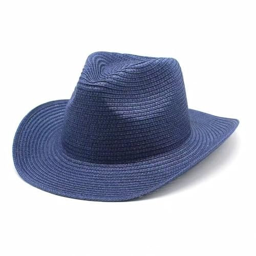 Plancholo Modischer Strohhut mit breiter Krempe, Panamahut, Sonnenstroh, Fedora-Strandhut für Damen und Herren, blau, Einheitsgröße