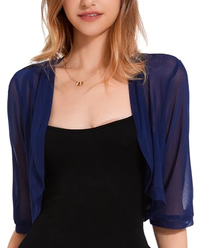 Atxnn Women's Bolero Shrug UK 3/4 Sleeve Cropped Cardigan Summer Lightweight Jacket for Dresses Ladies Soft Open Front Shrugs Shawl, Navyblue M