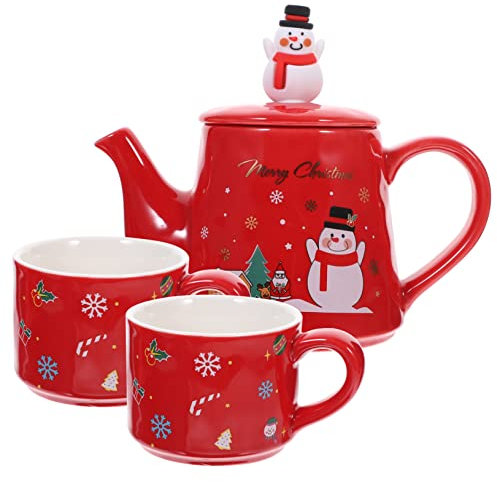 Hoement Set Teiera in Ceramica Natalizia Rossa Tazze Sovrapponibili, Teiera Decorativa Per La Casa Motivo Pupazzo Di Neve, Set Da Tè Bollitore in Ceramica Per Uso Domestico