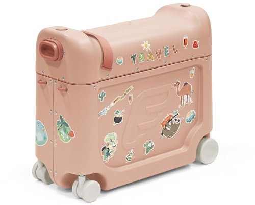 Stokke JetKids BedBox, Coral Pink - Ride-On Suitcase for Kids 2-7 Years Old (up to 77 lbs) - Transforms Into Bed - Includes Mattress