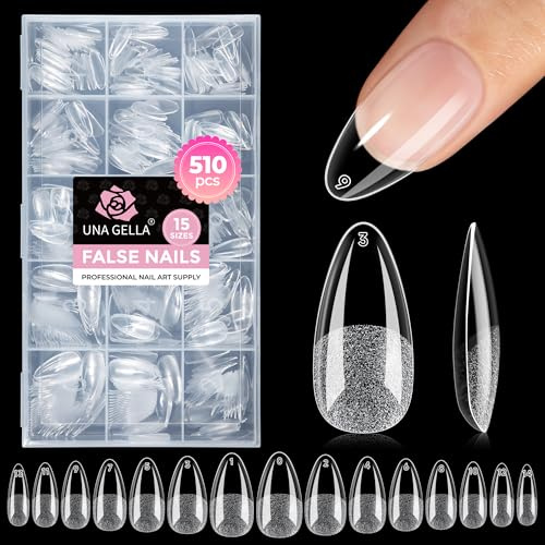 UNA GELLA Capsule Americaine Ongle Amande Moyenne, 510 pcs 15 Tailles, Capsules Ongles Gel Pré-Poncées Sans Limage, Faux Ongles Amande Full Cover Soft Gel pour Extensions et Nail Art