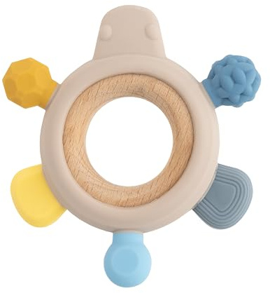 babynova Beißring aus Holz und Silikon – Babyspielzeug für Babys ab 3 Monate – Linderung von Zahn- und Zahnfleischschmerzen – Frühe Entwicklung der Motorik – BPA-frei – Gelb-Blau