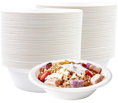 BOKFJBP 100Stück Weiß Einwegschalen Zuckerrohr, 260ML Suppenschalen Bagasse Langanhaltender Wärmespeicherung Langlebige Suppenschalen für Grillpartys Geburtstag Picknicks BBQs Picknicks Outdoor Essen