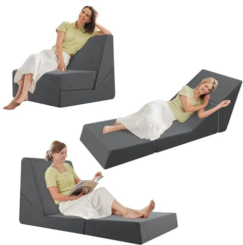 MeMoreCool Hochdichter Schaumstoff Schlafsofa, Boden-Futon-Matratze für Erwachsene, Klappbare Sofa Bed, Schlafsessel Klappbar, Chaiselongue, Mini Lounge Sofa mit Dreifach Klappbar Matratze, Grey