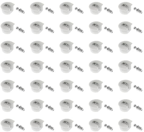 ZYAMY 35PCS White Shelf Hanger Threaded Cam Lock Furniture Stud Pin with Screw 21x20x10mm Semi Circular Screw Recessed Fixed Pin for Cabinet Closet Closet Desk