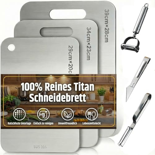 Lot de 3 planche a decouper en titane，planche à découper titane - Avec tampon en silicone antidérapant - Pour la cuisine, l'extérieur, le camping, la randonnée (29 x 20 cm, 34 x 23 cm et 39 x 28 cm)
